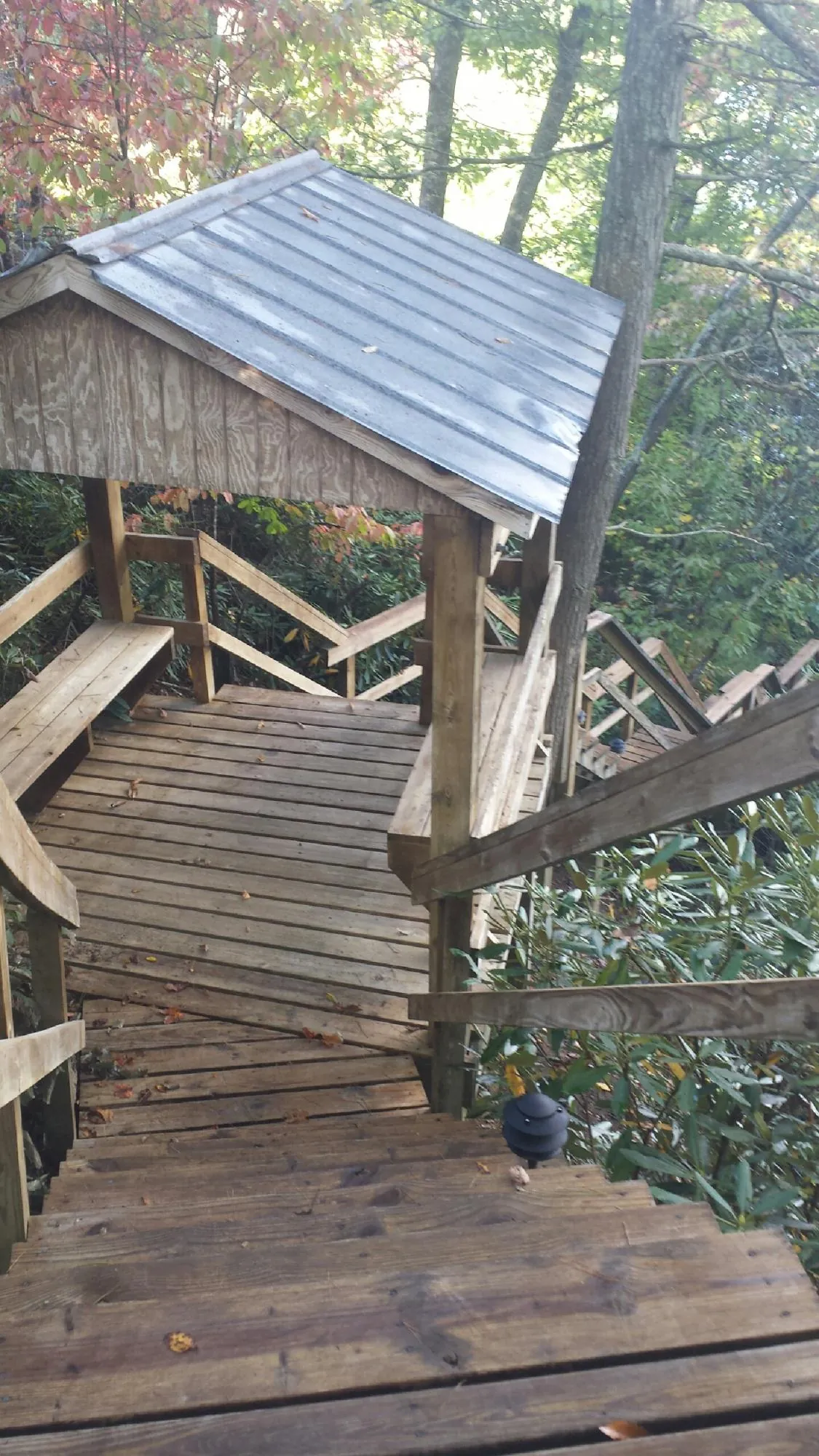 Metal roofed shelter over wooden steps on a wooded walkway — Skylight Repair & Installation work by our crew in Fowler